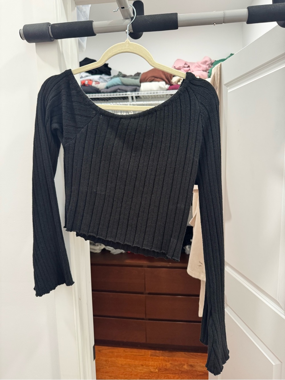 Princess Polly Black Ribbed Long-Sleeve Cropped Top